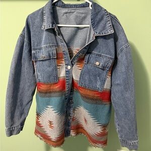Denim Jacket with Southwestern Aztec Panel - Blue, Red, Teal